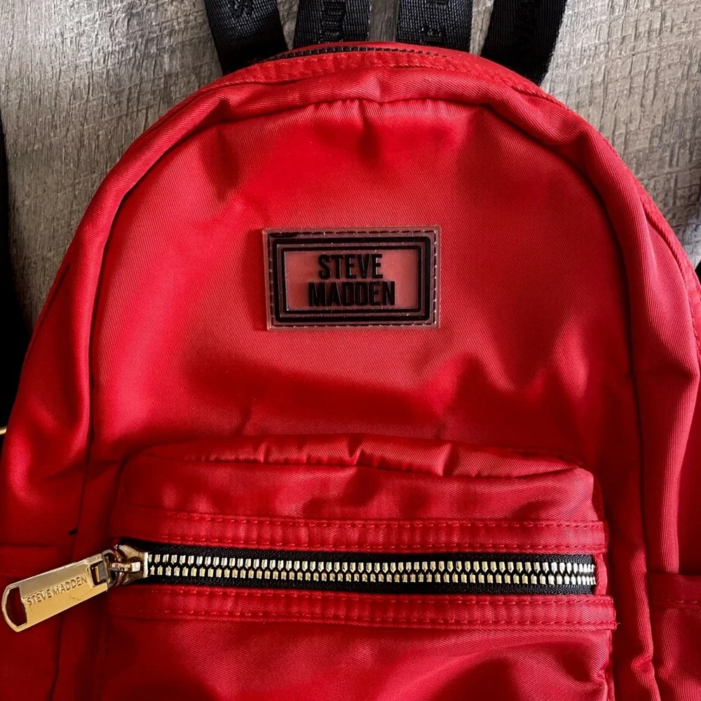 Steve Madden‎ Red Nylon Mini Backpack Logo Webbing Straps Gold Hardware